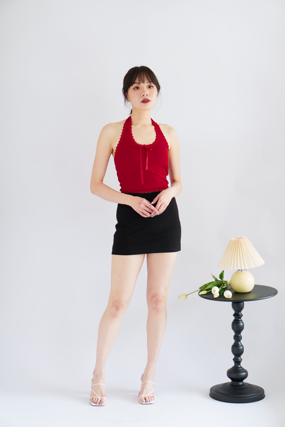 Dottie Padded Halter Lace Ribbon Top in Red