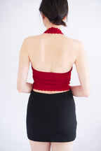 Dottie Padded Halter Lace Ribbon Top in Red