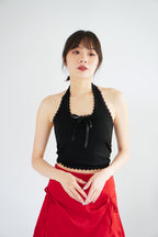Dottie Padded Halter Lace Ribbon Top in Black