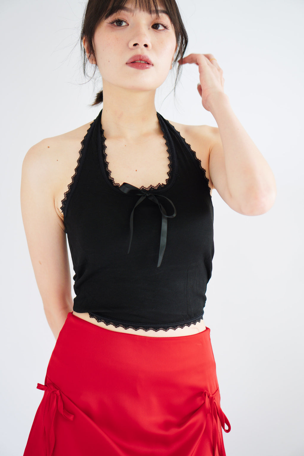 Dottie Padded Halter Lace Ribbon Top in Black