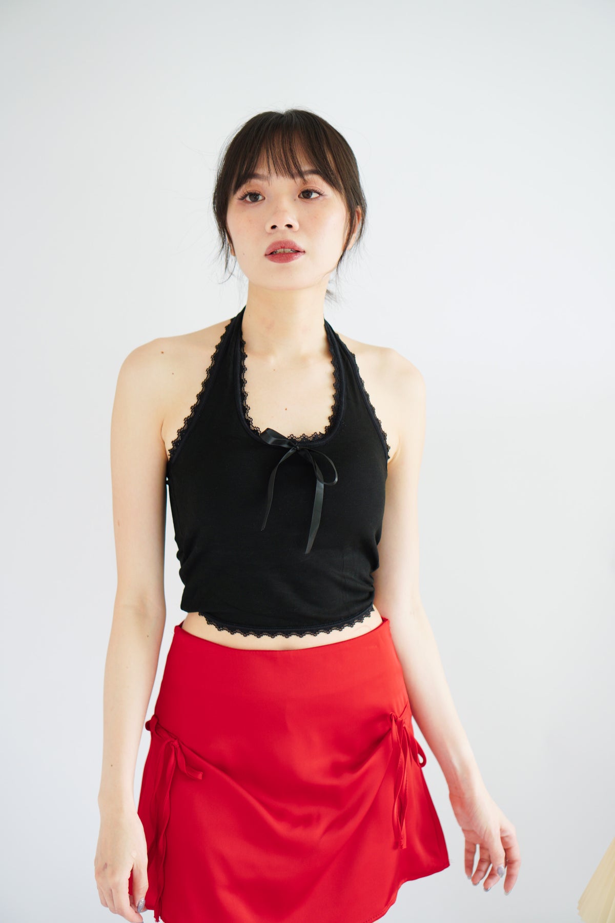 Dottie Padded Halter Lace Ribbon Top in Black