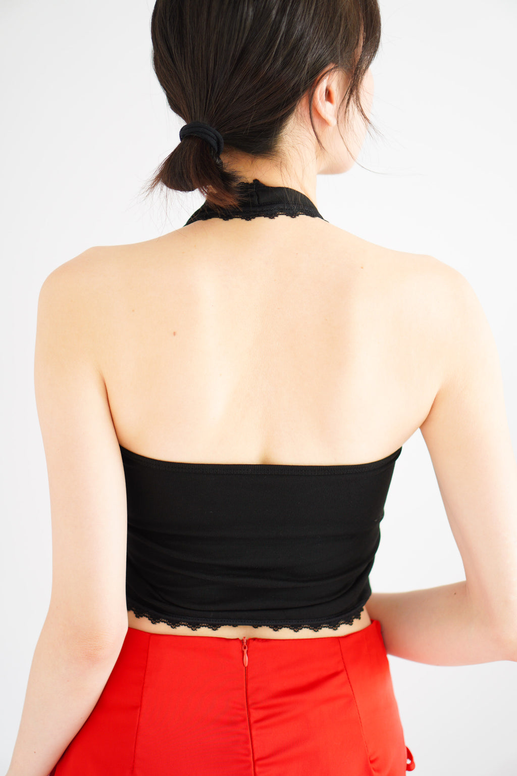 Dottie Padded Halter Lace Ribbon Top in Black