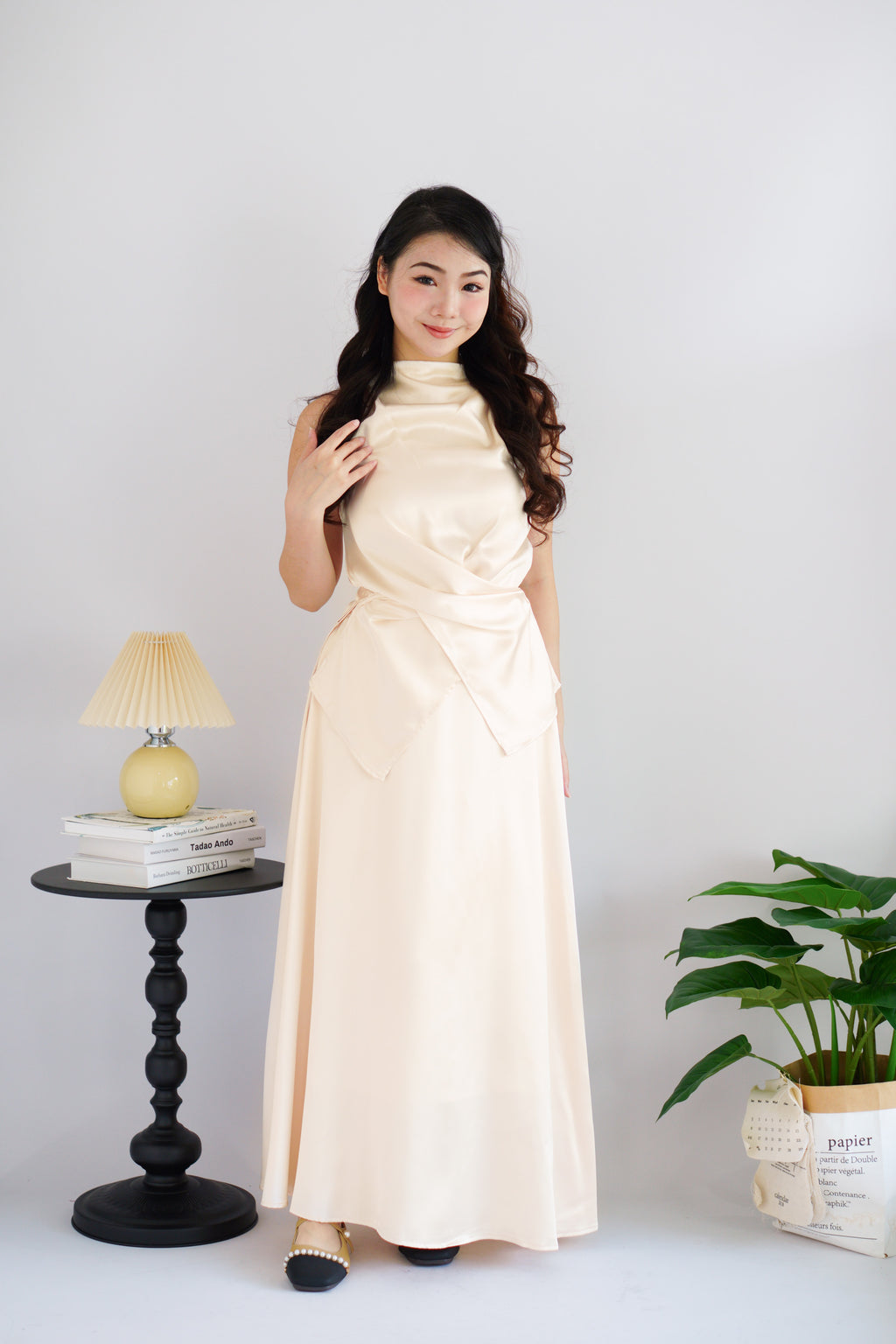 Zarael High Neck Tie Waist 2 Piece Satin Skirt Set in Beige