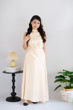 Zarael High Neck Tie Waist 2 Piece Satin Skirt Set in Beige