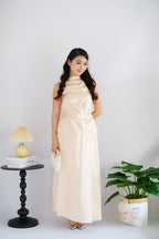 Zarael High Neck Tie Waist 2 Piece Satin Skirt Set in Beige