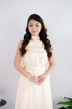 Zarael High Neck Tie Waist 2 Piece Satin Skirt Set in Beige