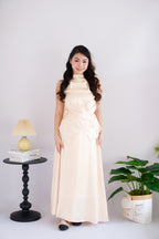 Zarael High Neck Tie Waist 2 Piece Satin Skirt Set in Beige