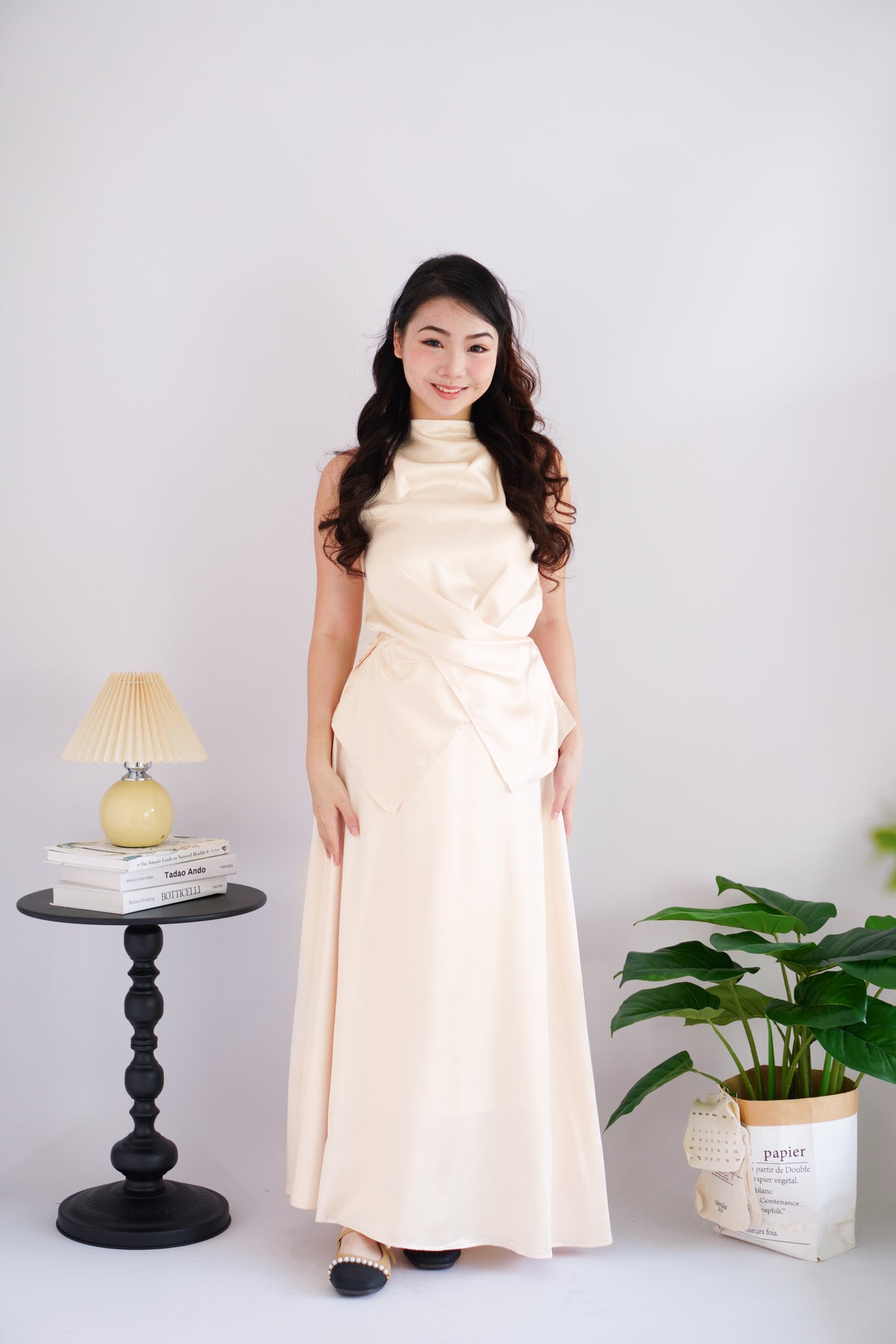 Zarael High Neck Tie Waist 2 Piece Satin Skirt Set in Beige