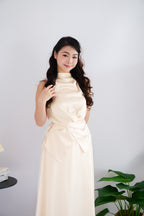 Zarael High Neck Tie Waist 2 Piece Satin Skirt Set in Beige