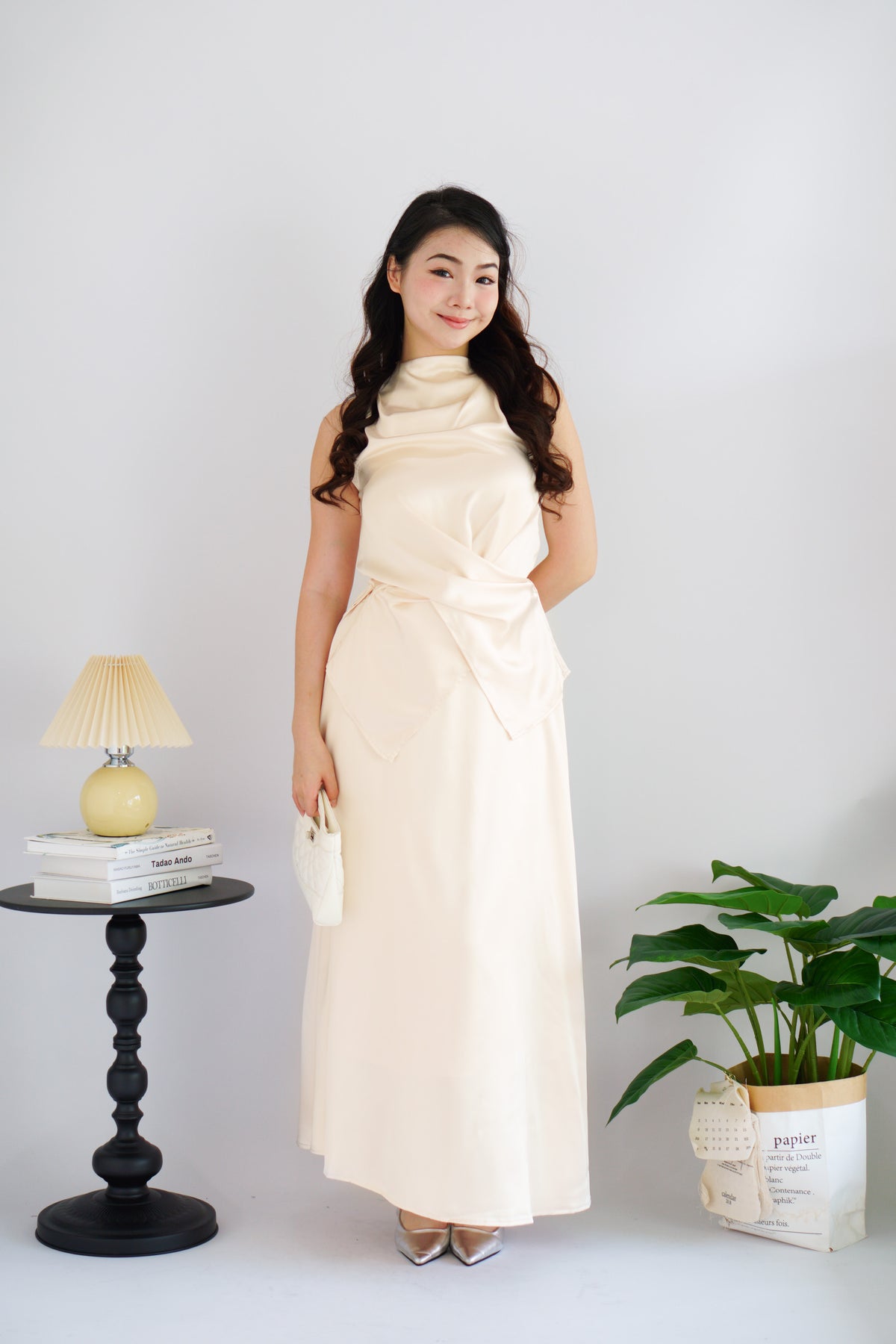 Zarael High Neck Tie Waist 2 Piece Satin Skirt Set in Beige