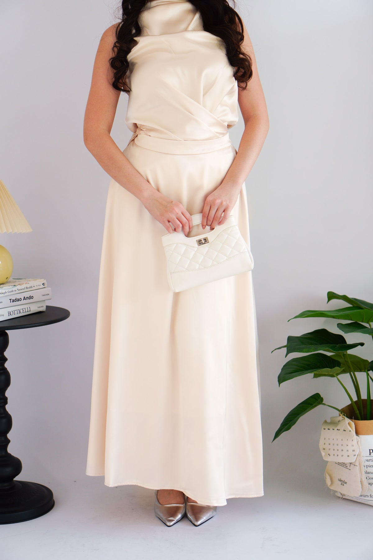 Zarael High Neck Tie Waist 2 Piece Satin Skirt Set in Beige
