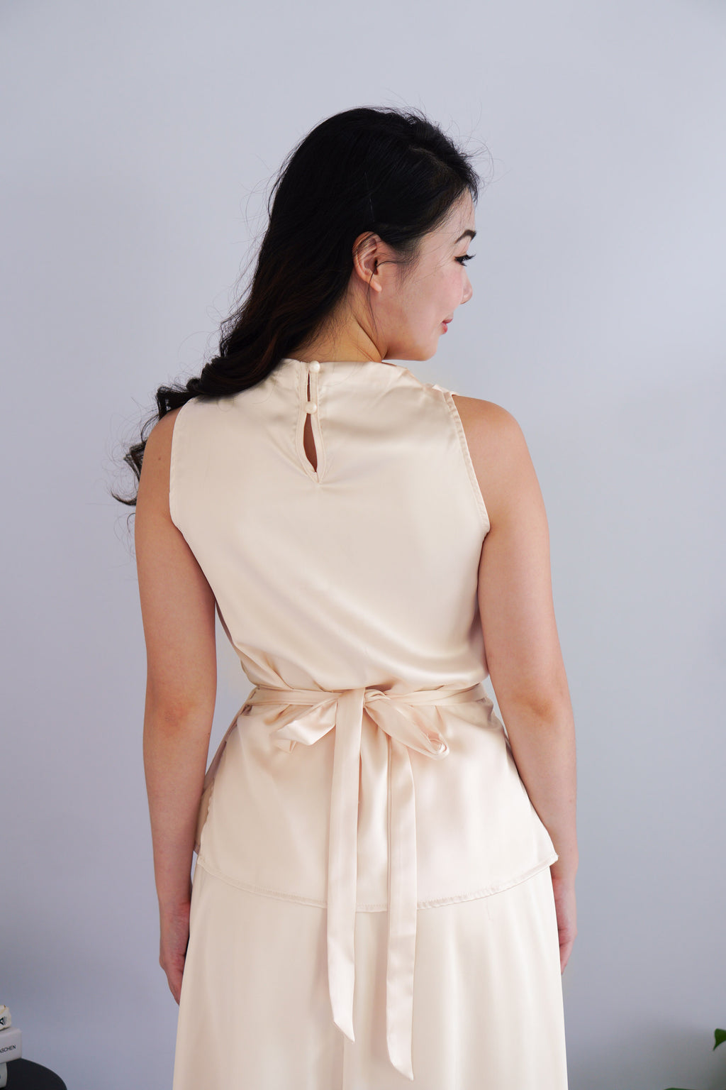 Zarael High Neck Tie Waist 2 Piece Satin Skirt Set in Beige