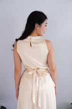 Zarael High Neck Tie Waist 2 Piece Satin Skirt Set in Beige
