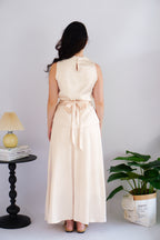 Zarael High Neck Tie Waist 2 Piece Satin Skirt Set in Beige