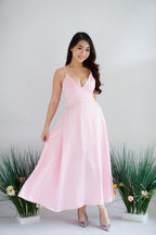 Sereia Deep V Satin Maxi Dress in Pink