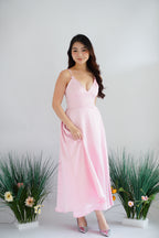 Sereia Deep V Satin Maxi Dress in Pink