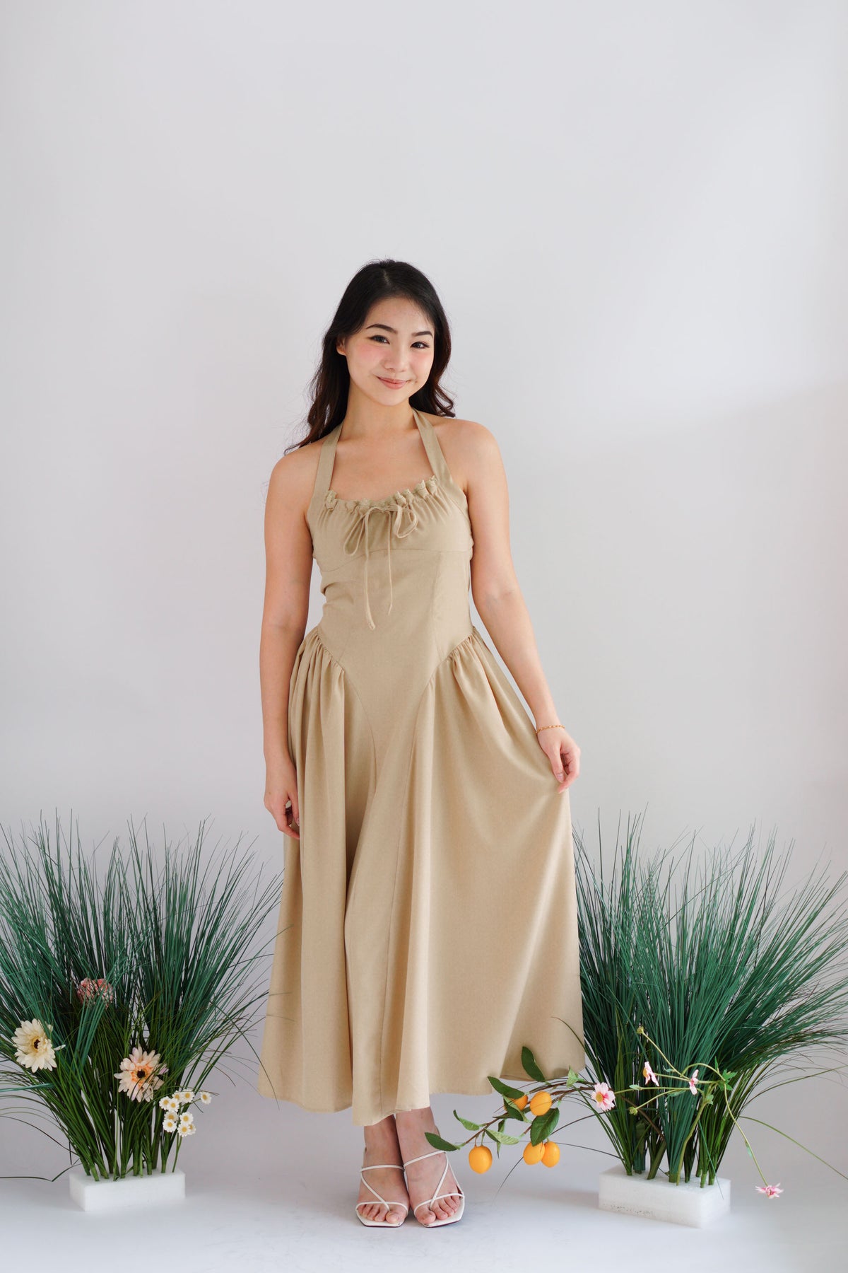 Isabelle Halter Neck A-Line Dress in Khaki