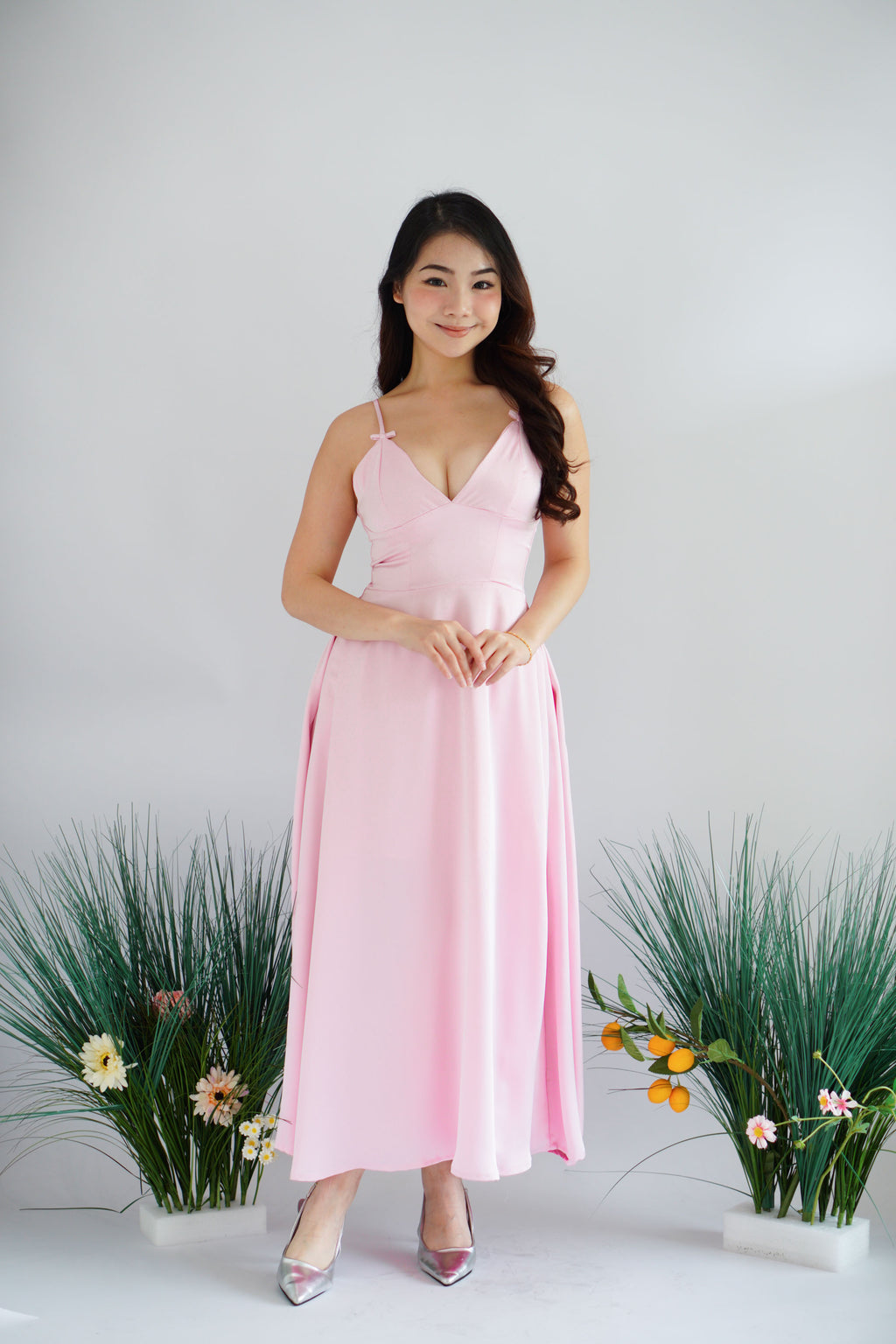 Sereia Deep V Satin Maxi Dress in Pink