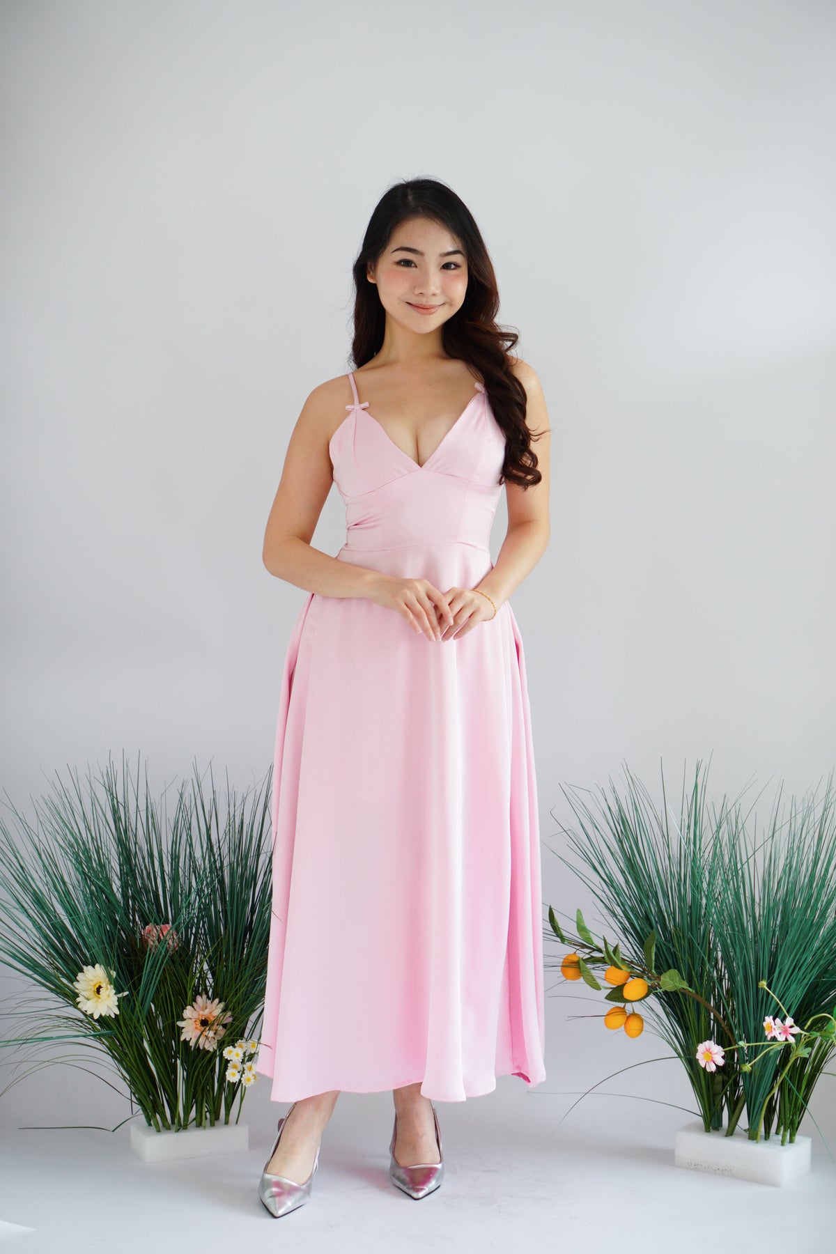 Sereia Deep V Satin Maxi Dress in Pink