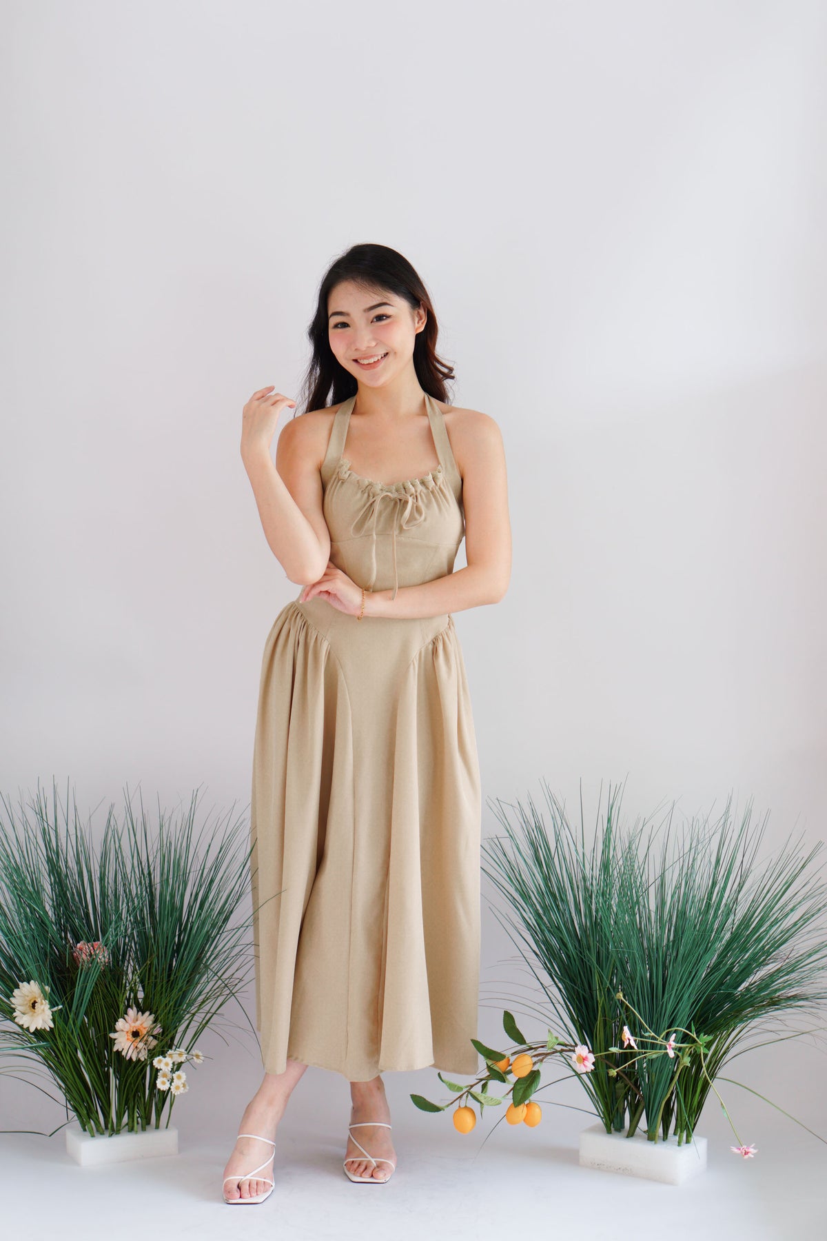 Isabelle Halter Neck A-Line Dress in Khaki