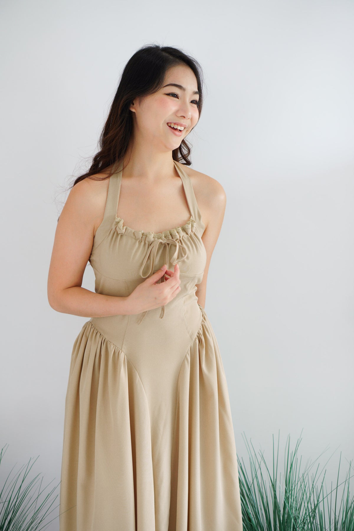 Isabelle Halter Neck A-Line Dress in Khaki