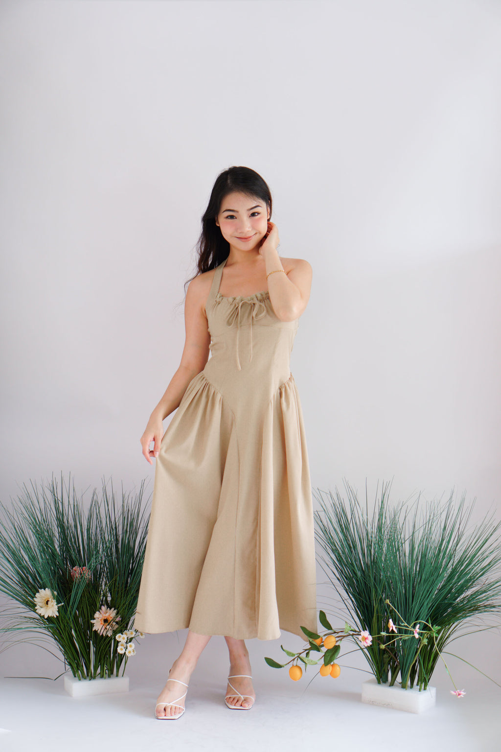 Isabelle Halter Neck A-Line Dress in Khaki