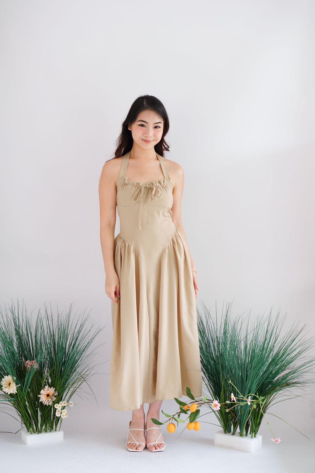 Isabelle Halter Neck A-Line Dress in Khaki