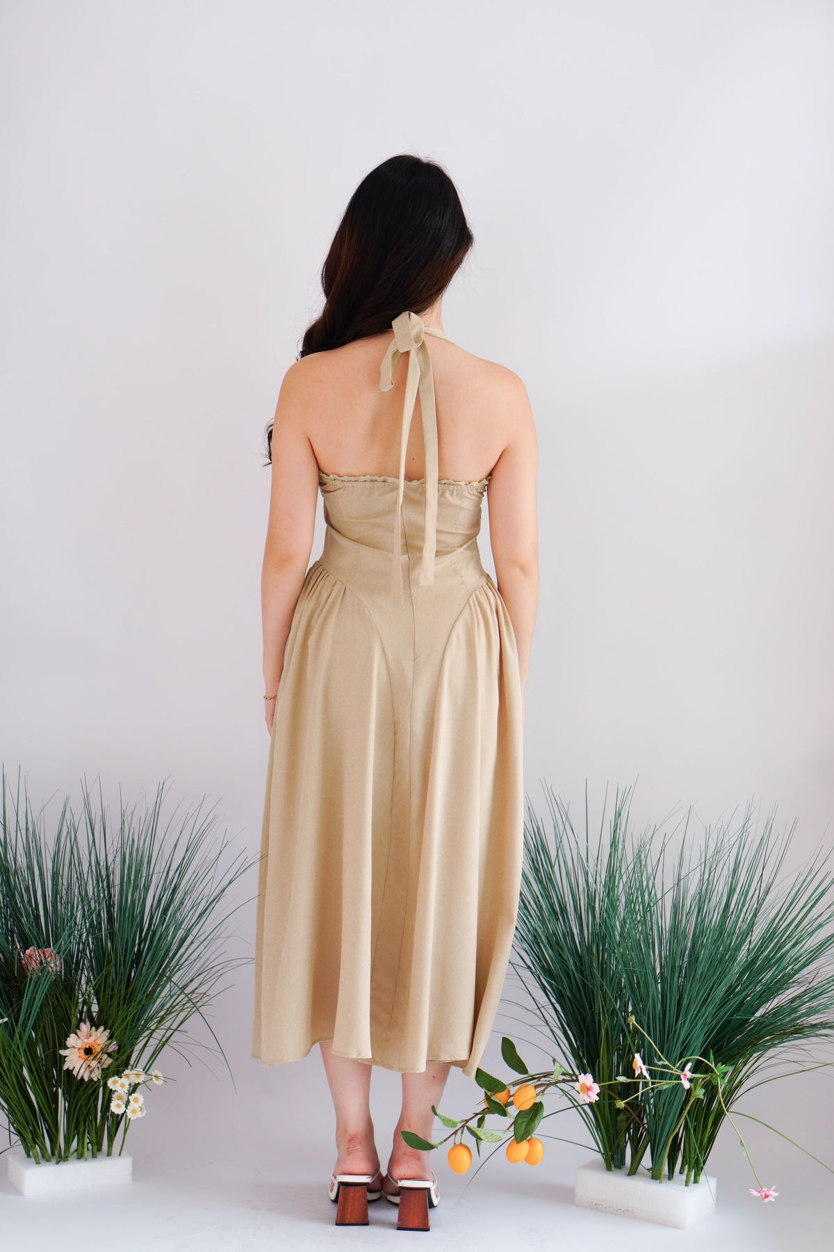 Isabelle Halter Neck A-Line Dress in Khaki