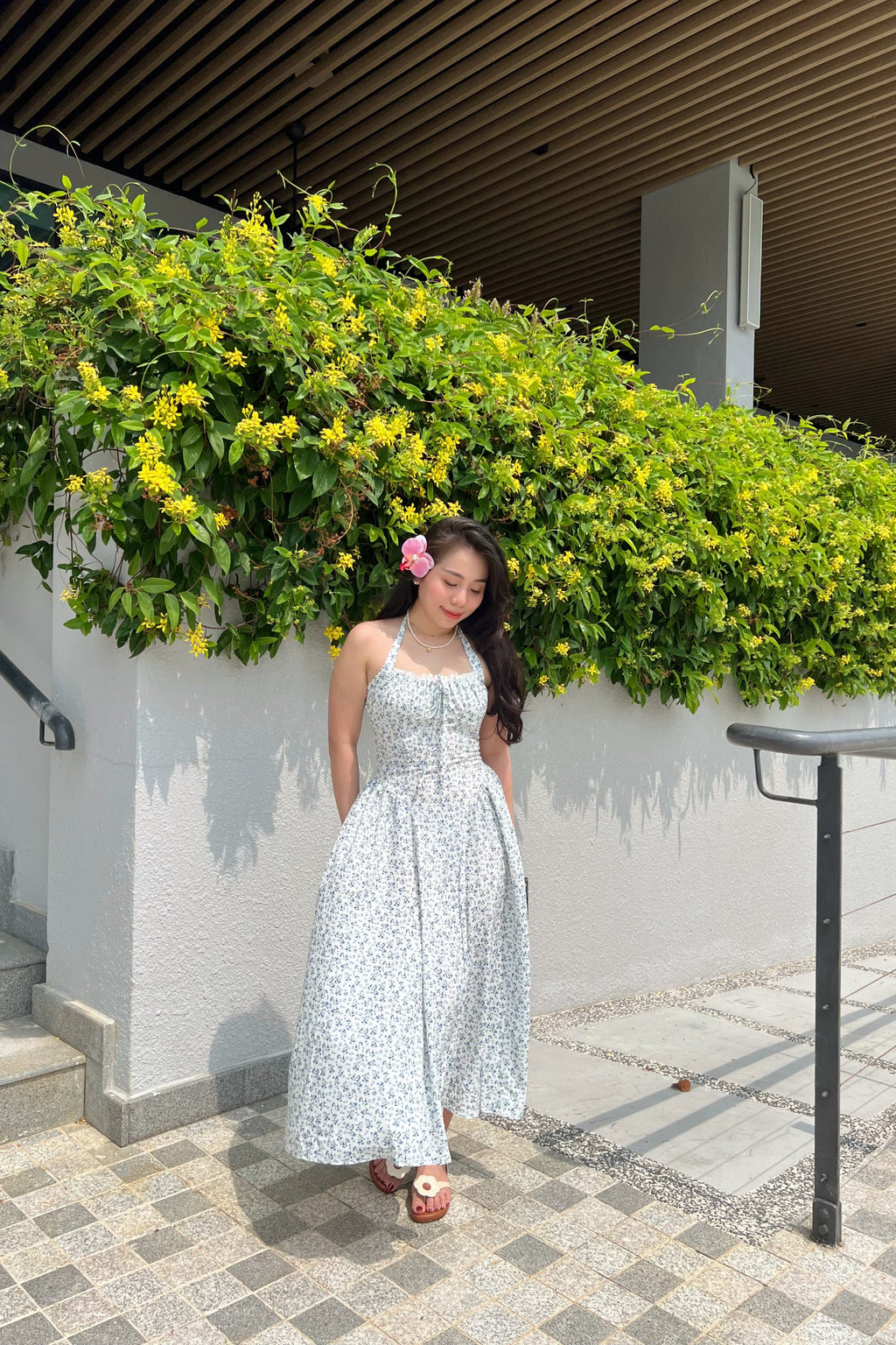 Isabelle Halter Neck A-Line Dress in White Floral