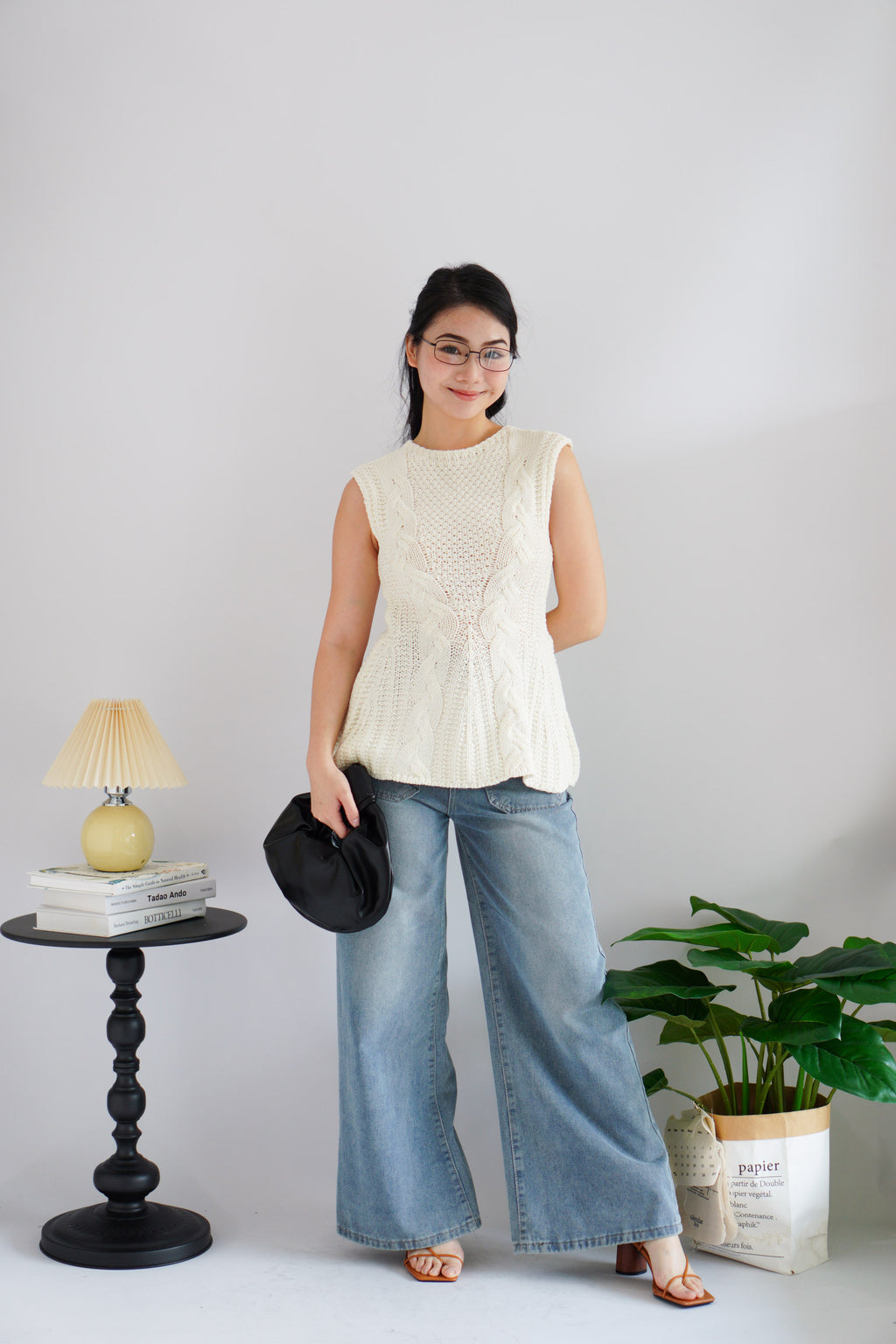 Jeun Long Knit Peplum Top in Cream White