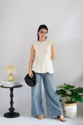 Jeun Long Knit Peplum Top in Cream White