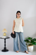 Jeun Long Knit Peplum Top in Cream White