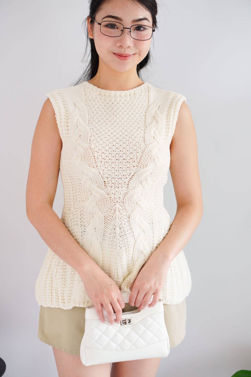 Jeun Long Knit Peplum Top in Cream White