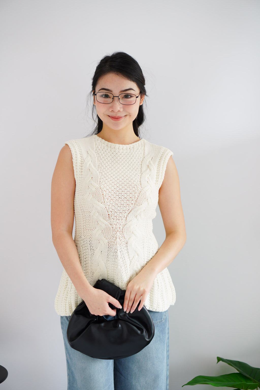 Jeun Long Knit Peplum Top in Cream White