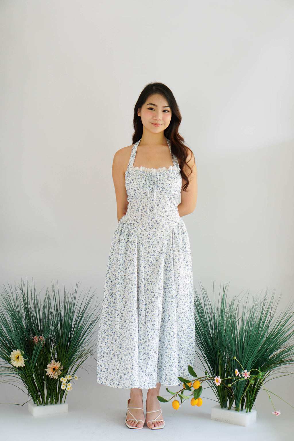 Isabelle Halter Neck A-Line Dress in White Floral
