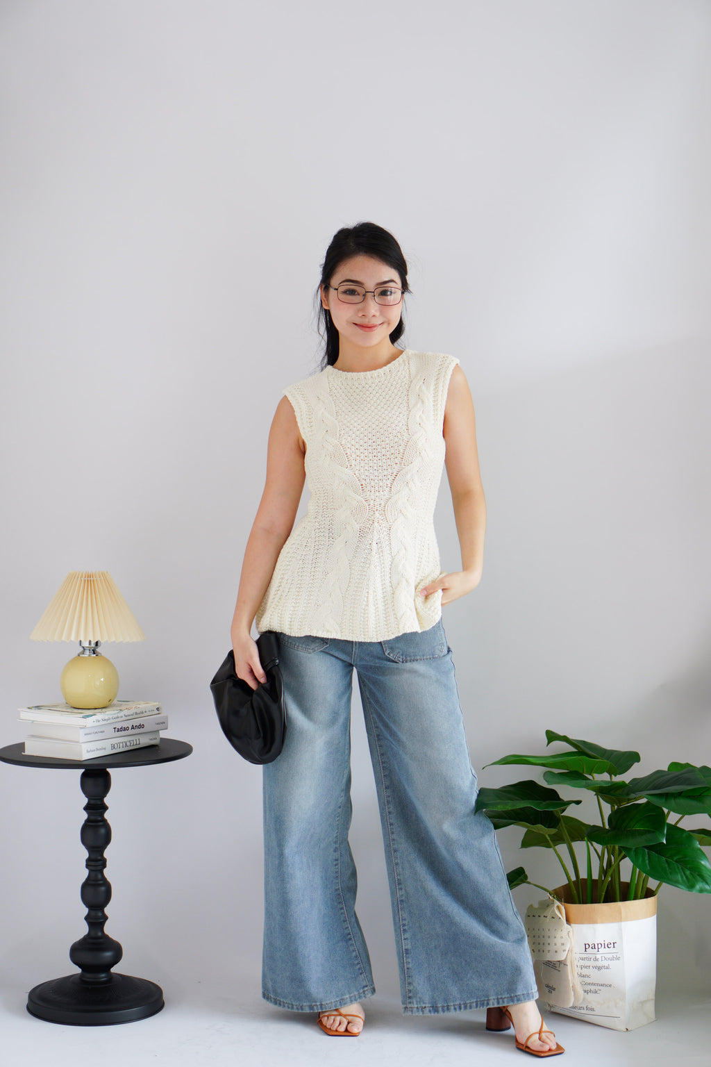 Jeun Long Knit Peplum Top in Cream White