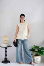 Jeun Long Knit Peplum Top in Cream White