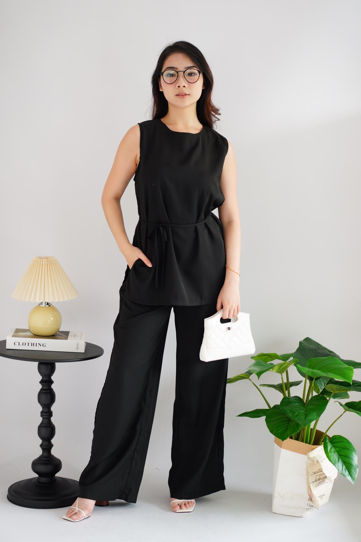 Romy Round Neck Tie Waist 2 Piece Pants Set in Black