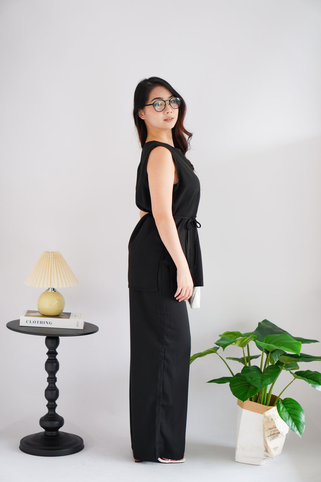 Romy Round Neck Tie Waist 2 Piece Pants Set in Black