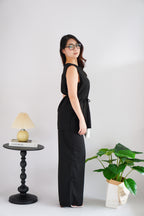 Romy Round Neck Tie Waist 2 Piece Pants Set in Black
