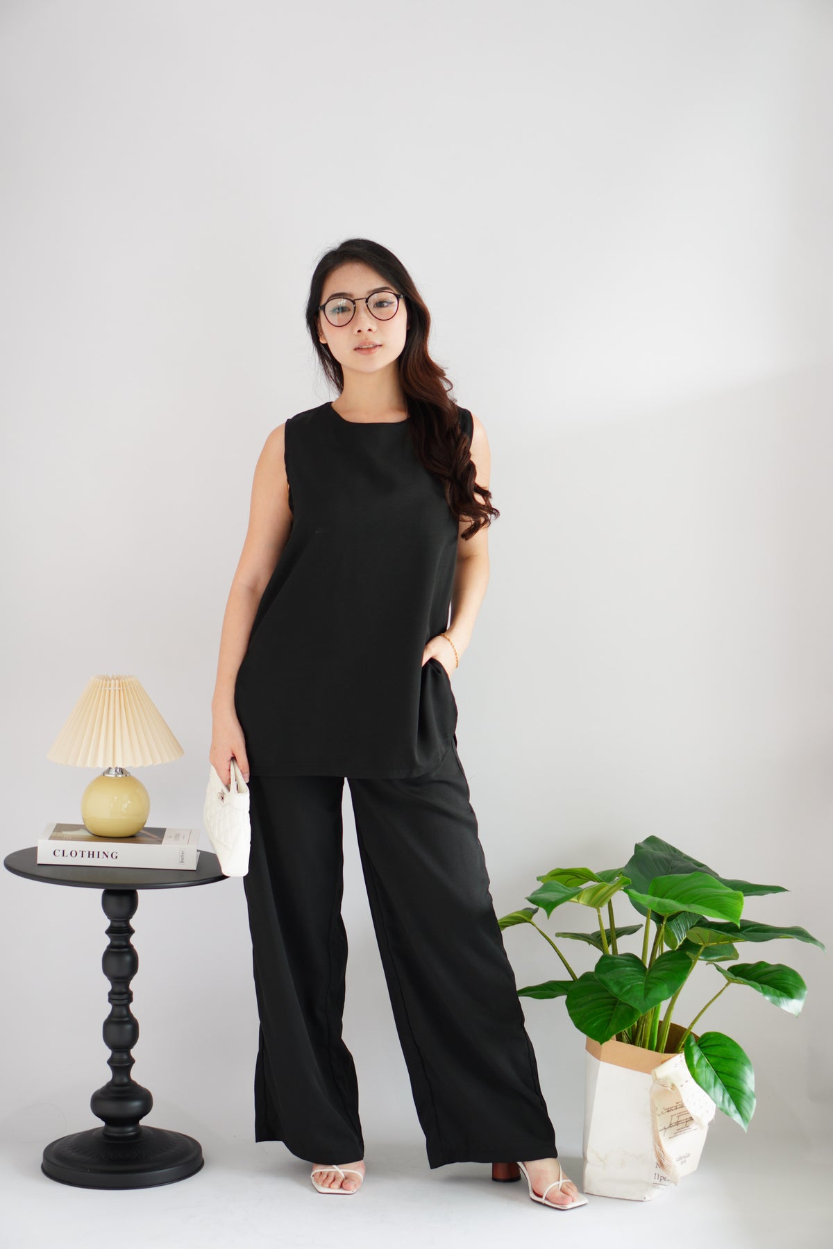 Romy Round Neck Tie Waist 2 Piece Pants Set in Black