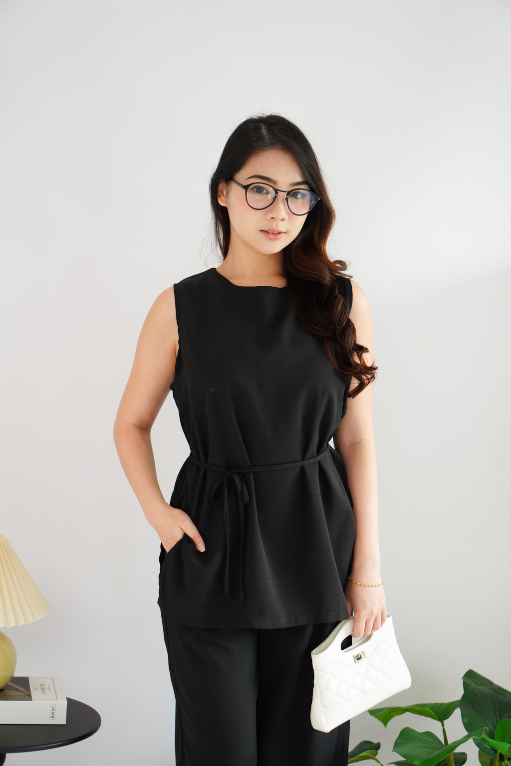Romy Round Neck Tie Waist 2 Piece Pants Set in Black