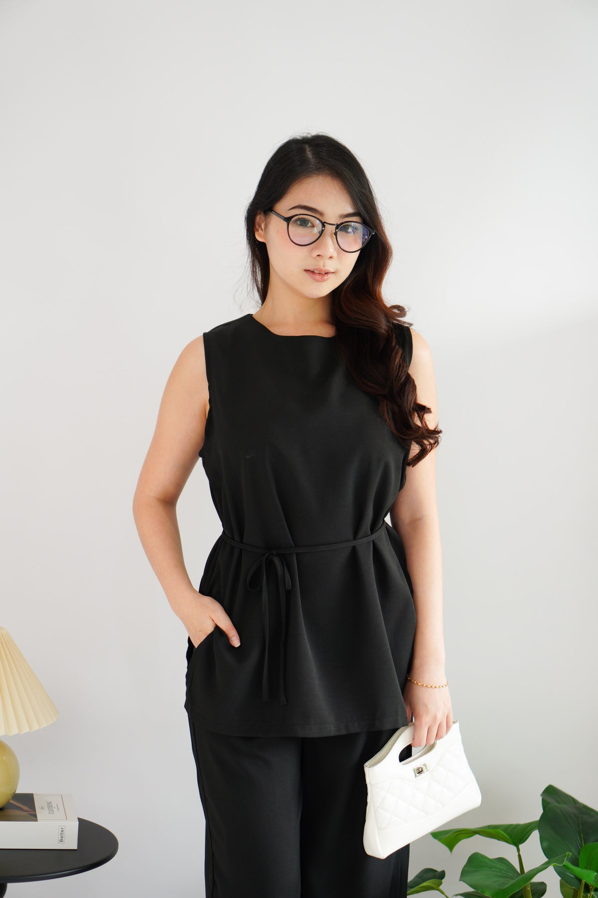 Romy Round Neck Tie Waist 2 Piece Pants Set in Black