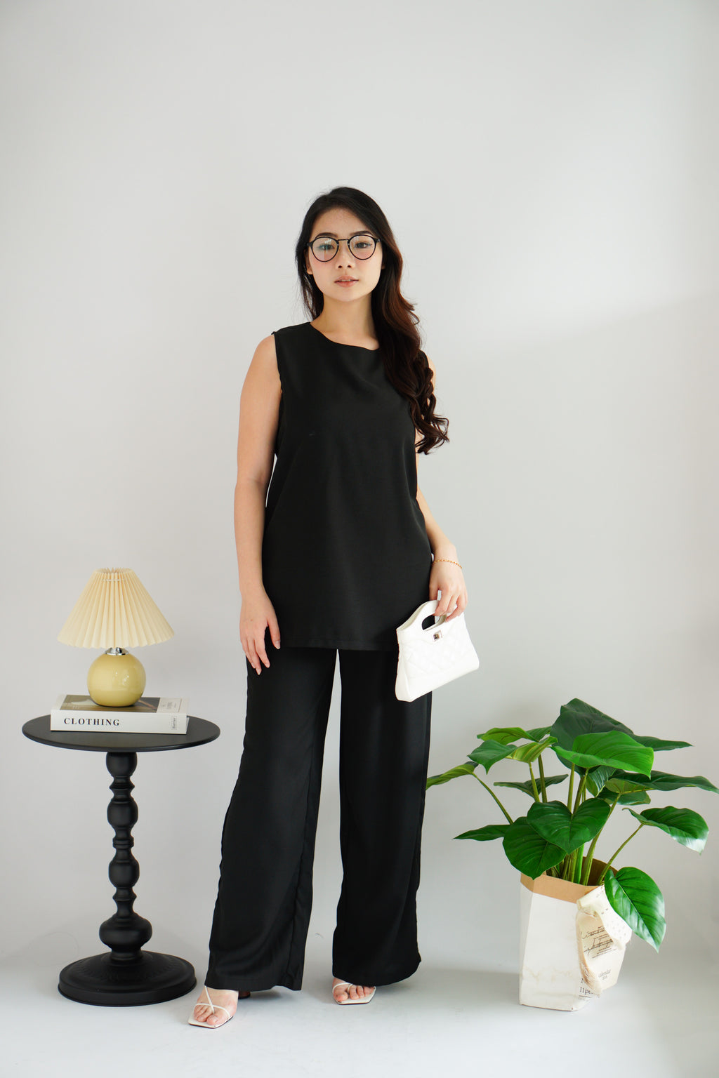 Romy Round Neck Tie Waist 2 Piece Pants Set in Black