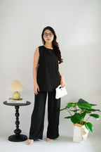 Romy Round Neck Tie Waist 2 Piece Pants Set in Black