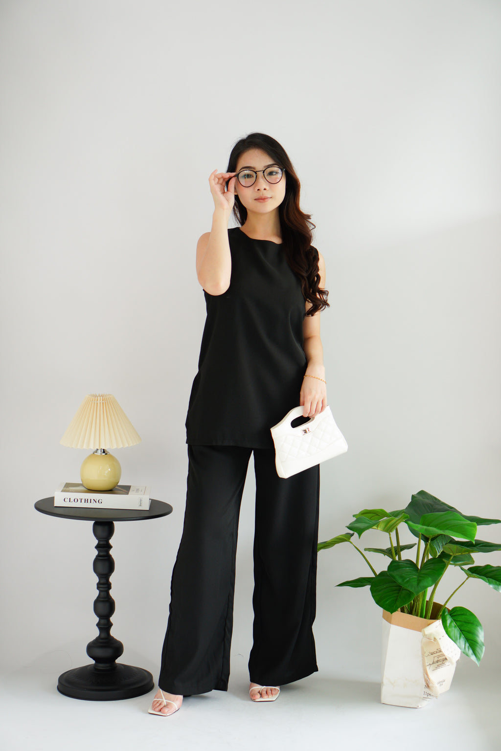 Romy Round Neck Tie Waist 2 Piece Pants Set in Black