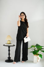 Romy Round Neck Tie Waist 2 Piece Pants Set in Black