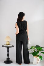 Romy Round Neck Tie Waist 2 Piece Pants Set in Black