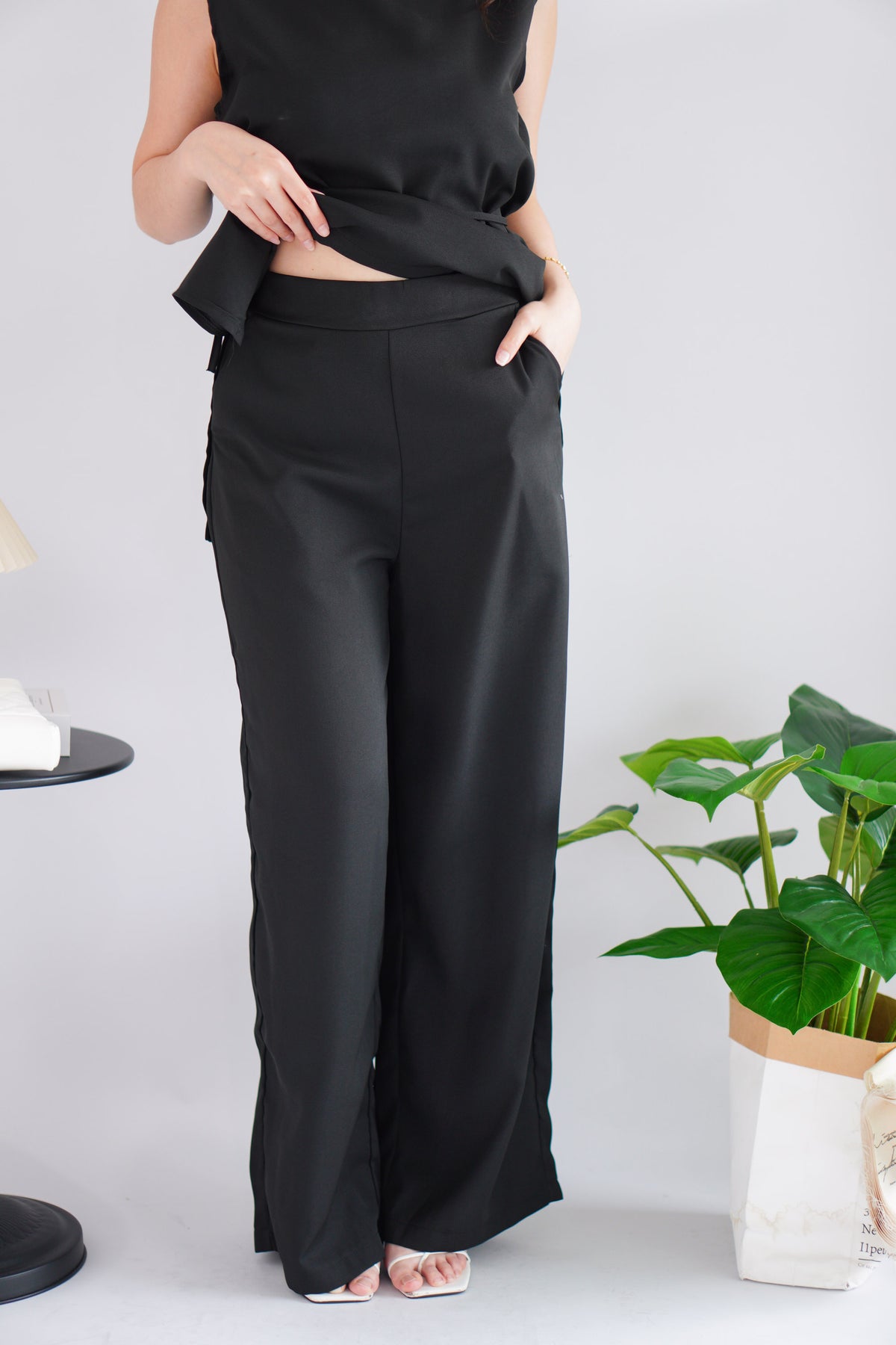 Romy Round Neck Tie Waist 2 Piece Pants Set in Black
