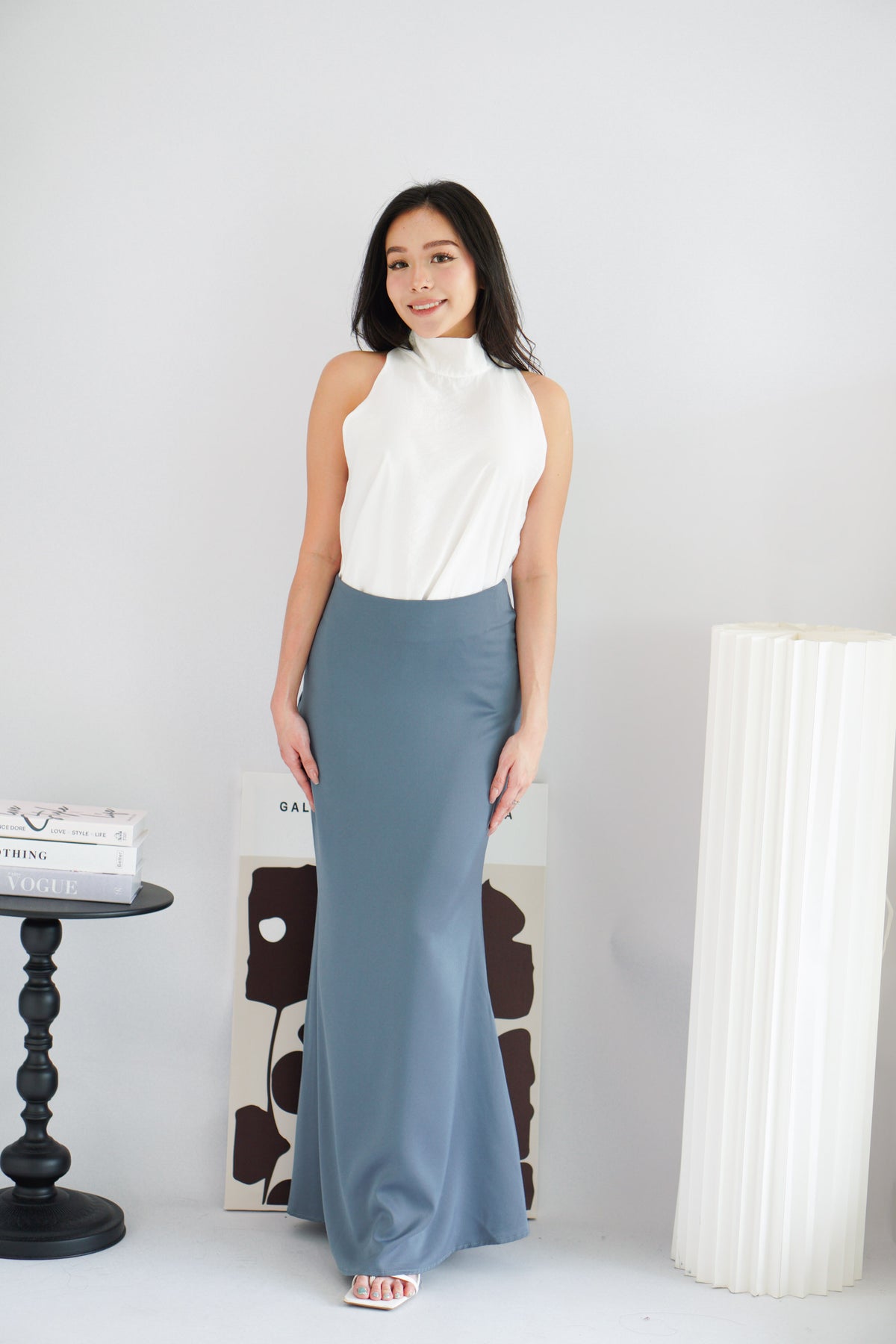 Cira Satin Maxi Skirt in Dark Blue